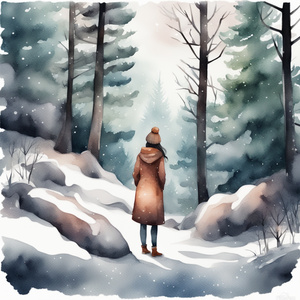 Cozy snowy forest landscape with sad lady under the pine trees Watercolor style