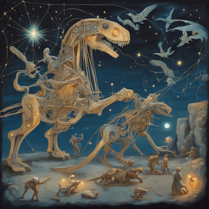 Mechanical creatures crafting luminous constellations in the night sky with romans fighting dinosaurus Dali style