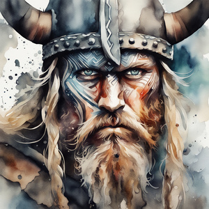 Viking Fierceful Warrior Face Surrealism High Impact Definition Details Watercolor style