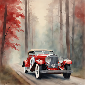 beautiful red vintage Duesenberg car on a rural road in a foggy forest watercolor and gouache painting with a wide pastel brush -stroke background on a very rough canvas extremely detailed. 