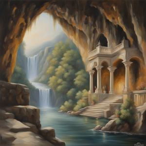 a painting in an oil realistic style a stunning and contemporary picturesque scene! The image of a contemporary palace terrace built within a cave walls overlooking a flowing river with other caves and waterfalls in the distance