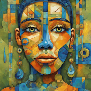 A vibrant abstract digital painting features a stylized face with geometric colorful shapes. The figures skin is divided into blue orange and yellow sections creating a mosaic-like appearance. The eyes are large expressive and blue framed by intricate pat