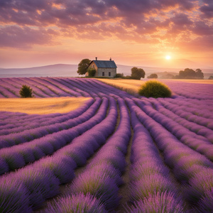 A breathtaking sunrise casting golden light over endless fields of blooming lavender with a small rustic farmhouse in the distance and soft clouds drifting across the sky.