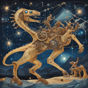 MECHANICAL CREATURES CRAFTING LUMINOUS CONSTELLATIONS IN THE NIGHT SKY WITH ROMANS FIGHTING DINOSAURUS Dali style