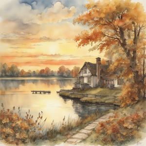 Beautiful autumn sunset at the lake. Wonderful the sun reflection. In style Anton Pieck Otto Riet Hugo pratt flowers clouds watercolor architectural drawing ink leaves autumn flowers