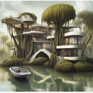  Realistic Futuristic multi level homes people boats swamp cypress trees Spanish moss   Dali style