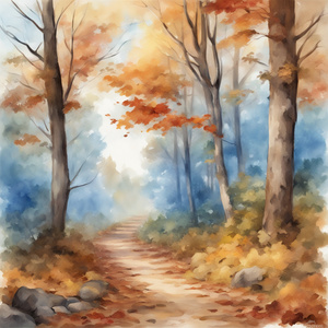 Autumn forest forest path without people beautiful autumn colors nice autumn leaves on the trees leaves on the ground cheerful blue sky with small white clouds beautiful landscape in style of Asher Brown Durand Watercolor style