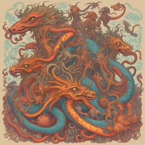 dragon octopus creatures with sloth riders on their backs warring with star fish warriors protecting the centipede people Psychedelic style