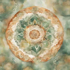 Design a bohemian-inspired wall art piece featuring intricate mandala patterns layered over a watercolor background. Use soft earthy tones like terracotta sage green and ivory with gold accents to add a touch of luxury. The artwork should feel warm spirit