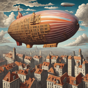 Magic-infused cityscape  moritz escher  sky and blimp Dali style