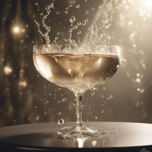 A hyperrealistic burlesque dancer sits waist-deep inside a transparent champagne cup bathing in champagne champagne splashes over the edge of the glass many small drops of liquid carbon dioxide bubbles in the glass insane depth and scale photorealistic re