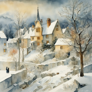 Gorgeous watercolor Christmas Bouquet Arrangement. Fantastic snowy landscape with homes down the street Modern laboratory painting by Picasso and Caspar. David Friedrich and Daniel Merriam