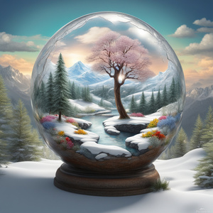 A surreal artwork depicting a scene in a cracked open spherical world made of delicious small glass with a wonderful winter snow snowy pine tree. The edge of the sphere is decorated with rocks and flowers that grow from the side. The man is a winding road