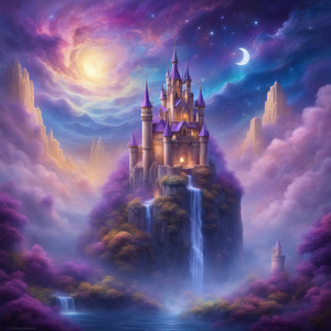 A breathtaking otherworldly castle floating above a sea of soft glowing clouds its towering spires shimmering with iridescent hues. The scene is set against a vivid galaxy sky filled with swirling nebulae in shades of purple blue and gold and millions of 