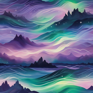 Create a mesmerizing art piece inspired by the northern lights with soft flowing waves of glowing greens purples and blues. Add subtle stars and a faint silhouette of mountains in the foreground. The design should feel dreamy and otherworldly making it a 