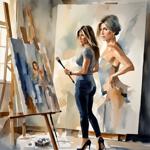 Jennifer Aniston is standing in a painting studio working on a beautiful new painting. Shes holding a brush wearing a sexy bodysuit and high heels. Watercolour painting in the style of Thomas Wells Schaller. Cubism style