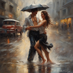Two happy lovers dance in the rain their barefoot clothes are wet. Splashing water water drops Andrew Atroshenko Artgerm Greg Rutkowski Art very detailed beautiful quality.