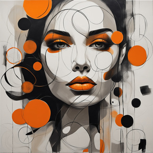 Minimalist attractive beautiful face portrait with orange lips with white and black with various thickness circles with lines with high contrast techniques Emphasizing the female face on the abstract background very detailed oil on canvas