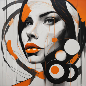 Minimalist attractive beautiful face portrait with orange lips with white and black with various thickness circles with lines with high contrast techniques Emphasizing the female face on the abstract background very detailed oil on canvas