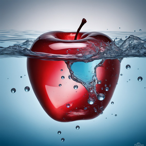 A perfect transparent red glass apple floating on the gentle waves of a beautiful blue ocean water splashing up droplets running down the glass. concept art extremely detailed digital art beautiful wallpaper award winning high definition crisp quality acc