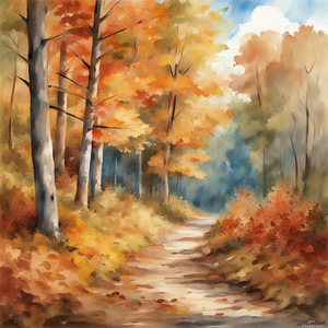Autumn forest forest path without people beautiful autumn colors nice autumn leaves on the trees leaves on the ground cheerful blue sky with small white clouds beautiful landscape in style of Asher Brown Durand Watercolor style