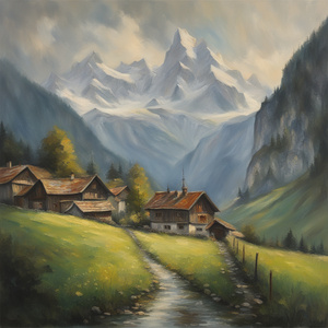 Switzerland landscape Mysterious landmark realism details Full of life Impressionism style
