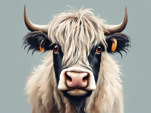 Cute happy bull Highlander cow with extra thick and long hair on her forehead big eyes with long eyelashes long horns looking at a chicken with long fluffy feathers big eyes and long legs Impressionism style
