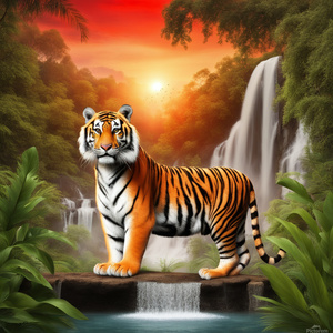 Happy Bengal tiger in jungle and waterfall setting with red sunset background