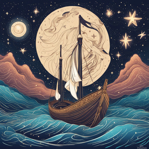 Starry voyage across celestial rivers in a luminescent boat. Illustration style