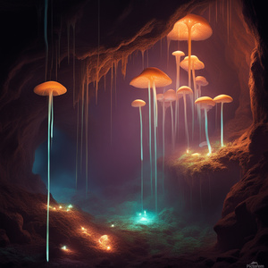 Luminous fungi lighting up the depths of a mystical cavern.