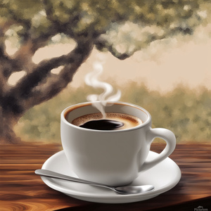 Generate a background with a coffee cup on a table and a tree Impressionism style
