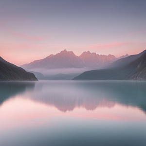 A serene landscape of towering mountains reflected perfectly on a calm crystal-clear lake with soft pastel hues of dawn blending into the sky and water.