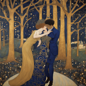 GUSTAV KLIMT CHRISTMAS COUPLE DANCING TREE PARTY CAVIAR CHAMPAIGNE GOLDROYAL NAVY BLUE 