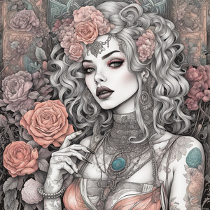 Beautiful tattooed candy girl coloring book art intricate details vintage colors potions and flowers and the occult smoking Cyberpunk style
