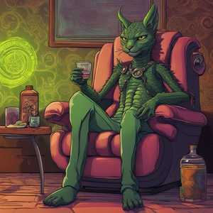 Kicked back in my recliner with a glass of tequila and lime. Trying to relax as a series of thoughts dance around my head. The wall paper behind me has had better days and my cat sits lovingly on my lap with my dragon curled around my chair. Cyberpunk sty