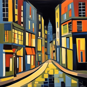 City in night light Francoise Gilot style.