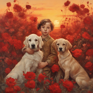  des enfants filettes et garçons  dans un champt de fleurs sauvage rouge avec un chien a golden hour Dali style
