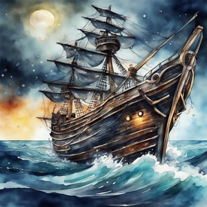 Icon Pirate Ship Sea Night Sealing intens storm macro high definition details  watercolor illustration boat details