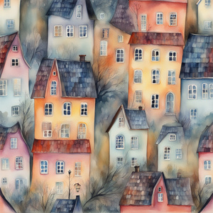 scandinavian ladscape details pastel watercolor mysterious old houses intens traditionsl surrealism 