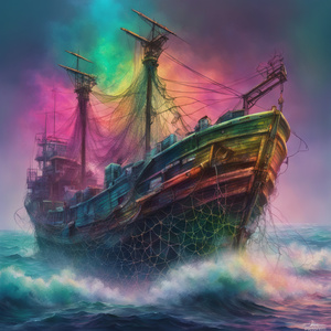 REALISTICFANTASY FISHING SHIP AT SEA TURBULENT SEAS COLORFUL crew members fishing nets Cyberpunk style