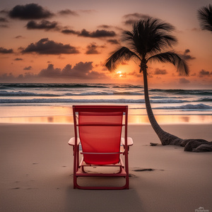a photograph of a tropical landscape with a red beach chair on the beach at sunset