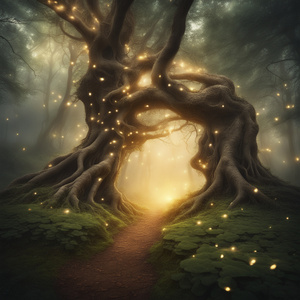 A magical forest with ancient glowing tree roots forming a natural gateway illuminated by golden light with soft mist and sparkling fireflies dancing in the air creating a serene and mystical atmosphere.