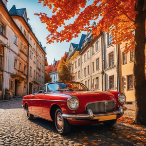  Vintage red car on a cobblestone street lined with colorful autumn trees and old European buildings under a clear blue sky.