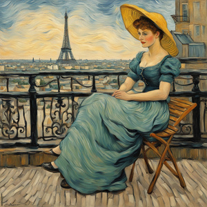 A pretty lady sitting on a terrace in Paris Van Gogh style