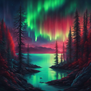 magical forest setting with the northern lights through the trees then out over the  bay of water that is glowing blue greenand red from the northern lights Cyberpunk style