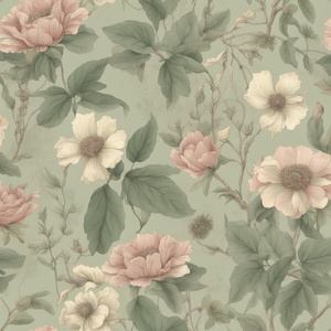 Create a vintage-style botanical print featuring hand-drawn flowers leaves and vines with intricate details. Use a soft muted color palette of sage green dusty rose and cream with a faded parchment-style background. The design should feel nostalgic and re