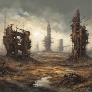post-apocalyptic nature with elements of the northern landscape and the remains of giant structures and mechanisms Impressionism style