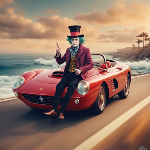 the mad hatter driving a ferrari beside the ocean 