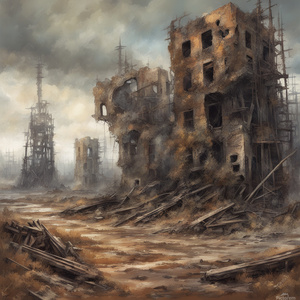 post-apocalyptic nature with elements of the northern landscape and the remains of giant structures and mechanisms Impressionism style