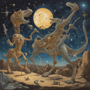 MECHANICAL CREATURES CRAFTING LUMINOUS CONSTELLATIONS IN THE NIGHT SKY WITH ROMANS FIGHTING DINOSAURUS Dali style